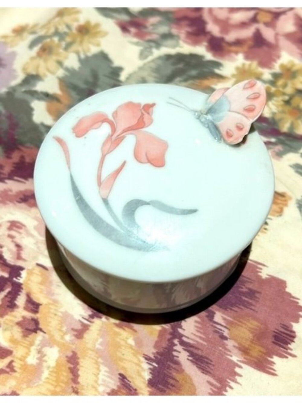 Vintage Takahashi Porcelain Floral Trinket Jewelry Box with 3D Pink Butterfly